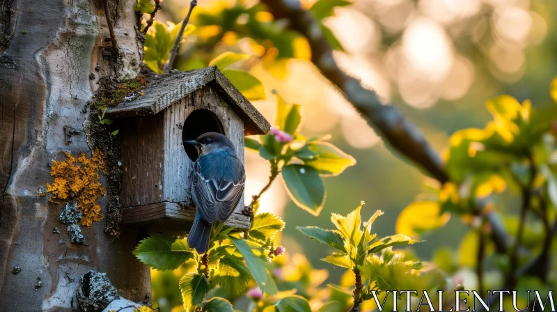 Close-up of a Blue Bird Perched on a Wooden Birdhouse in a Forest AI Image