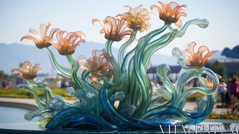 Colorful Glass Flower Sculpture in Park Setting AI Image