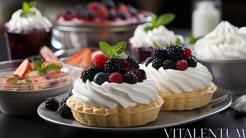 Delicious Tartlets with Cream and Berries on Gray Plate AI Image