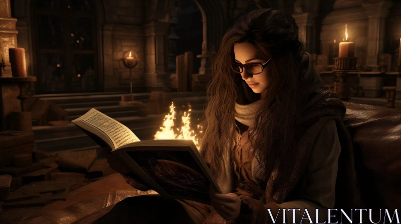 AI ART Enigmatic Portrait: Woman Reading by Firelight