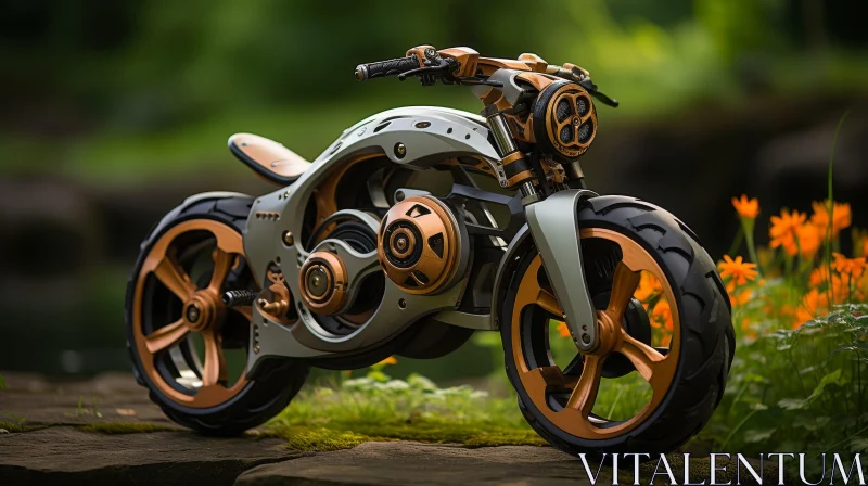 Futuristic Motorcycle in Forest Setting AI Image