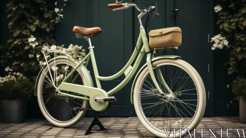 AI ART Green Bicycle with Wicker Basket and Flowers