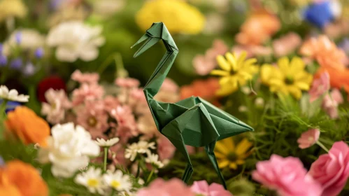 Green Origami Bird in Flower Meadow - Captivating Nature Art