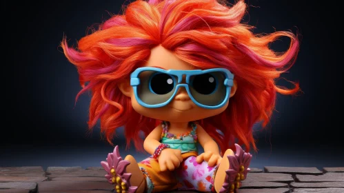 Joyful Doll 3D Rendering with Orange Hair and Blue Sunglasses