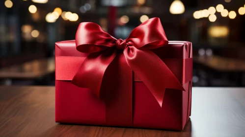 Red Gift Box on Wooden Table - Bokeh Lights Background