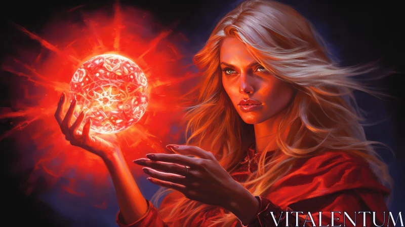 Serene Woman in Red Dress Holding Red Orb AI Image