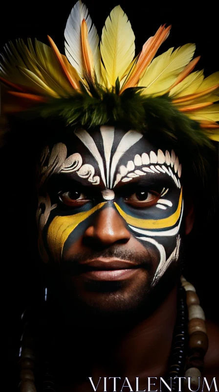 Serious Man Portrait with Intricate Headdress and Face Paint AI Image