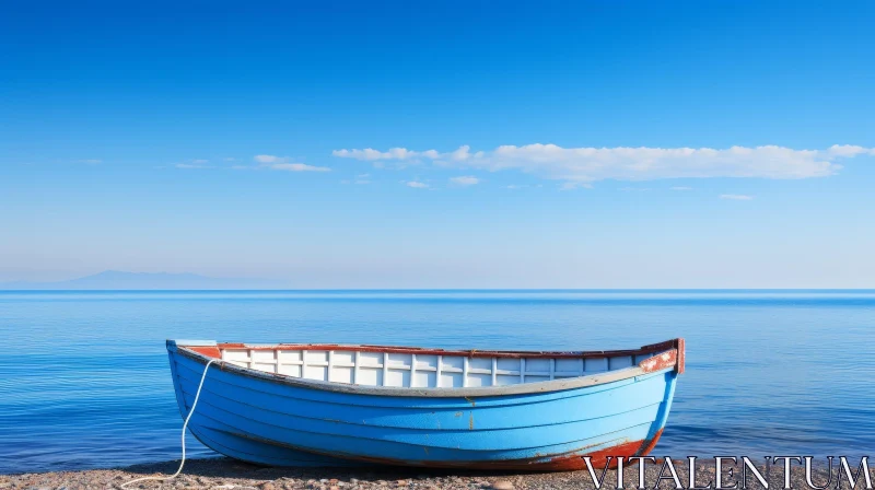 Tranquil Lake Scene with Old Blue Wooden Boat AI Image