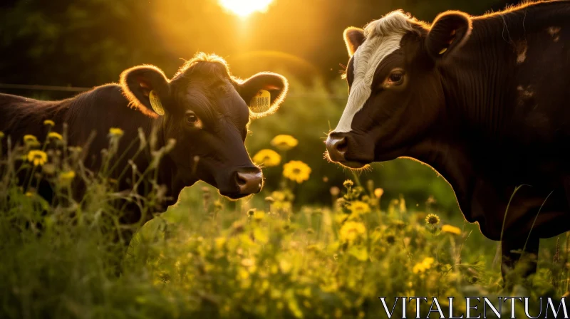 Tranquil Sunset Scene with Two Cows in a Green Field AI Image