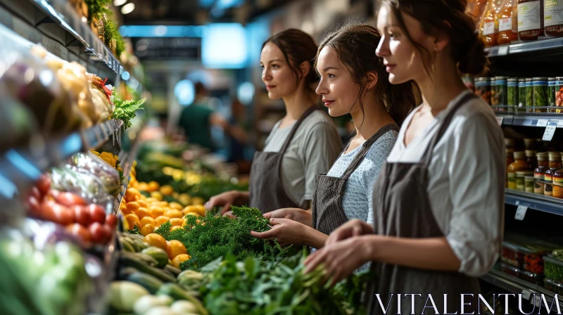 Vibrant Scene: Young Women in a Supermarket with Parsley and Oranges AI Image