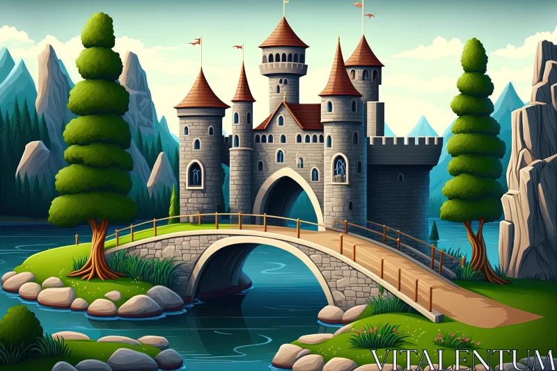 Whimsical Castle Scene with Bridge and Trees | Vibrant Illustration AI Image