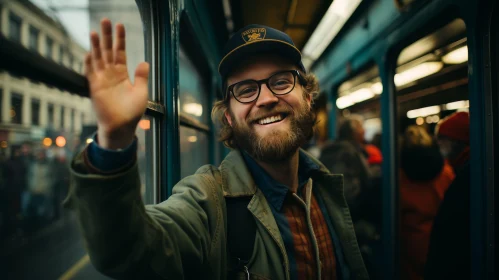 Young Man in Green Jacket Waving in Train or Bus