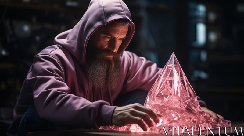 AI ART Bearded Man Pink Hoodie Crystal Pyramid