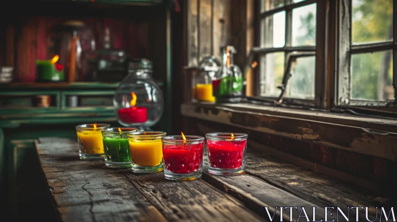 Captivating Still Life: Four Candles in Glass Cups on Wooden Table AI Image