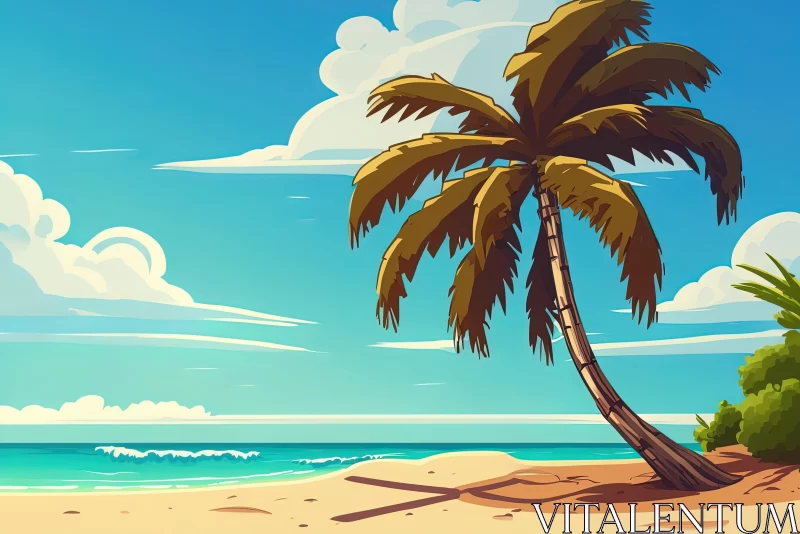 Cartoon Palm Tree on a Tropical Beach - Charming Vintage Poster Design AI Image