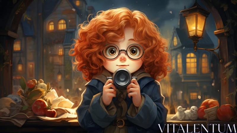 Cartoon Portrait of Young Girl with Curly Red Hair AI Image