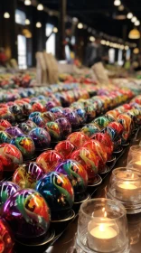 Colorful Easter Market Scene with Decorated Eggs and Candles