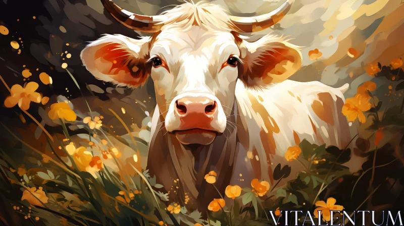 Cow in Field of Yellow Flowers - Digital Painting AI Image