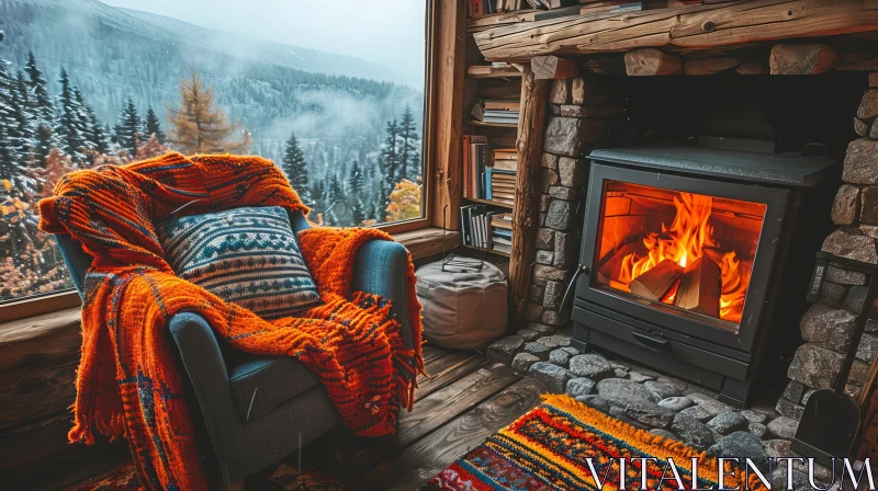 Cozy Living Room with Stone Fireplace and Mountain View AI Image
