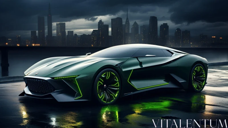 Dark Green Futuristic Sports Car in City Setting AI Image