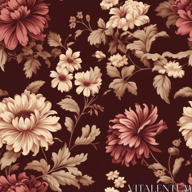 AI ART Dark Red Floral Pattern with Pink and Yellow Flowers