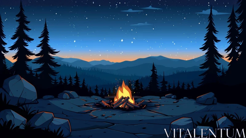 Enchanting Night Forest Landscape with Bonfire AI Image