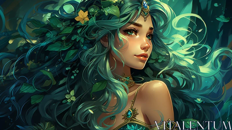 Enchanting Woman Portrait with Green Hair AI Image