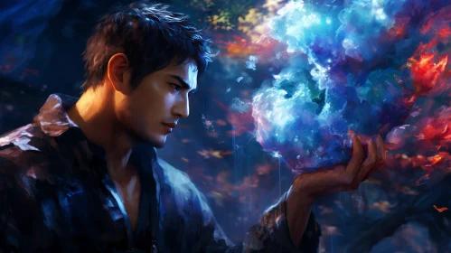 Enigmatic Digital Painting of Young Man with Blue Orb