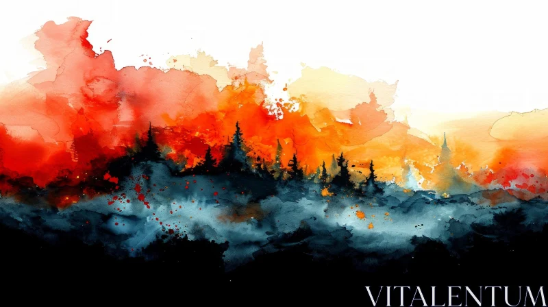 Fiery Forest: A Captivating Watercolor Painting AI Image