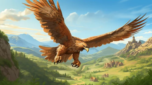 Golden Eagle Soaring Over Fantasy Landscape
