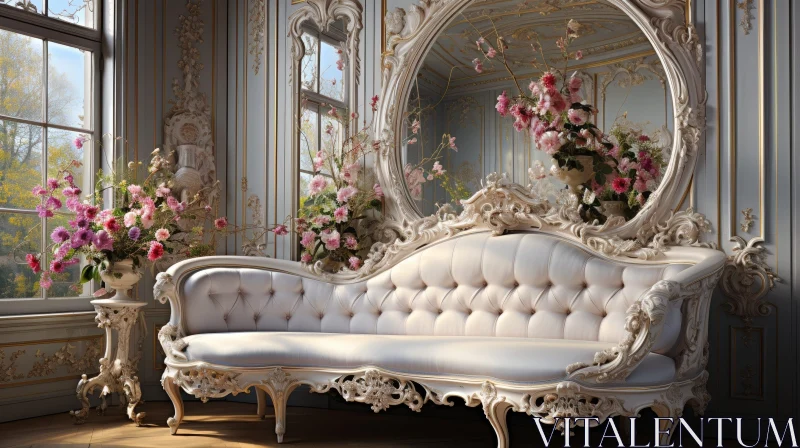 Luxurious Living Room with Ornate Sofa and Windows AI Image