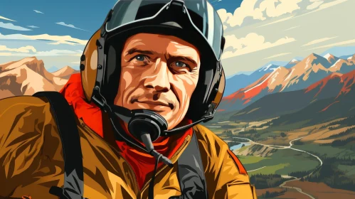 Male Pilot Portrait in Airplane Cockpit with Mountain View