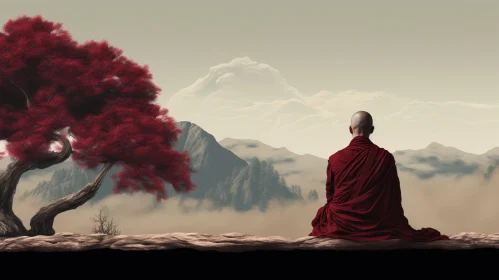 Meditating Monk on Cliff with Red Leaves