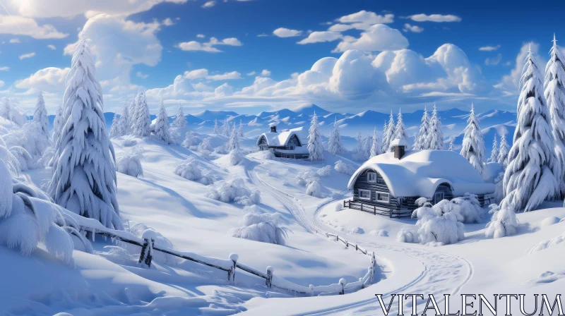 AI ART Peaceful Winter Landscape with Wooden Houses and Snowy Mountains