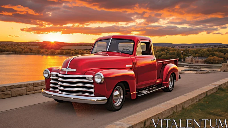Red Chevrolet 3100 Pickup Truck on Bridge at Sunset AI Image