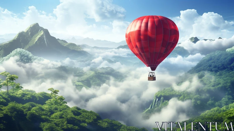Red Hot Air Balloon Flying Over Green Mountains AI Image