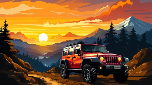 Red Jeep Wrangler Rubicon Driving in Mountain Landscape