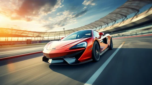 Red McLaren 570S Sports Car Racing on Track at Sunset
