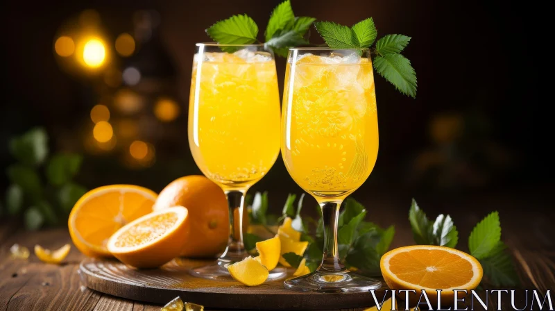 Refreshing Orange Juice with Ice and Mint on Wooden Table AI Image