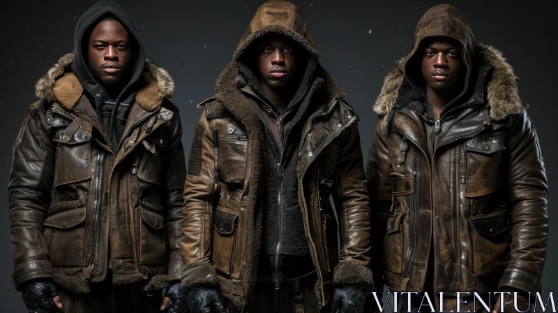 Serious African-American Men in Brown Leather Jackets AI Image