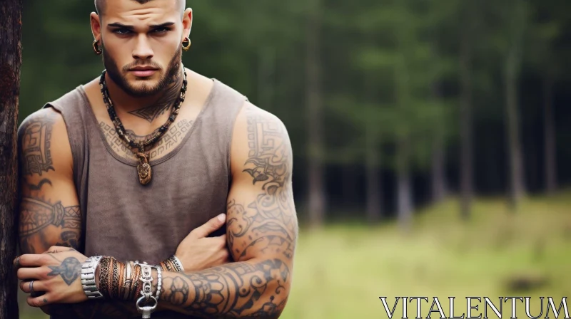 AI ART Serious Young Man with Tattoos in Forest Setting