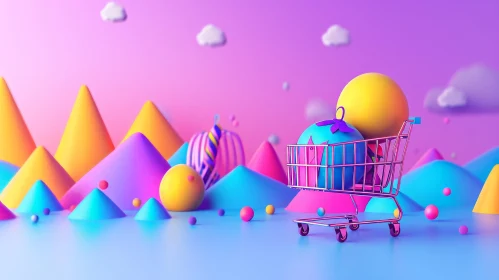 Surreal 3D Rendering of Shopping Cart in Whimsical Landscape