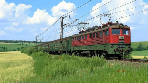Tranquil Red and Green Electric Train in Rural Landscape