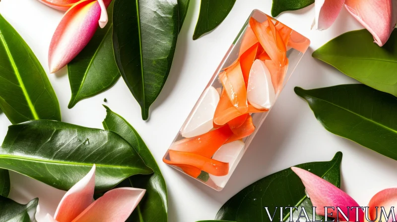 Transparent Soap with Orange Flower Petals and White Seashells AI Image