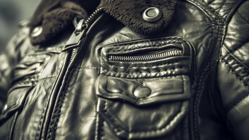 Black Leather Jacket with Fur Collar - Close-up Fashion Photo