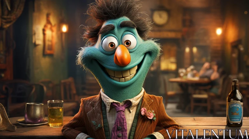 Blue Muppet-Like Character at Bar - 3D Rendering AI Image