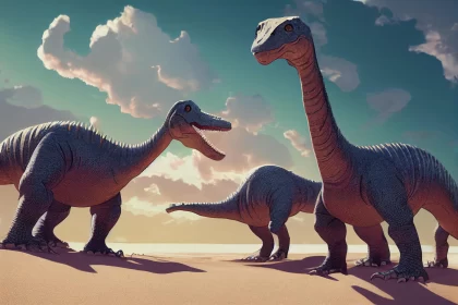 Captivating Illustrations of Playful Dinosaurs in a Sandy Field