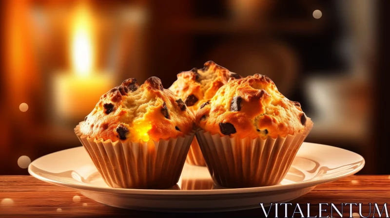 Delicious Chocolate Chip Muffins on White Plate AI Image