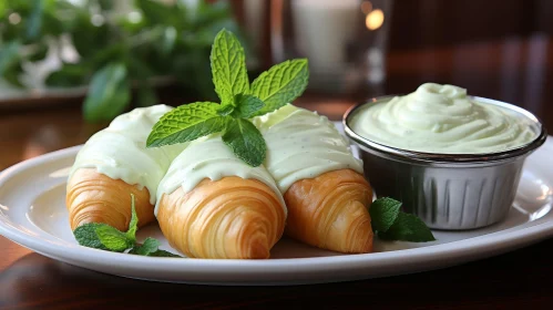 Delicious Croissants with Green Icing on White Plate