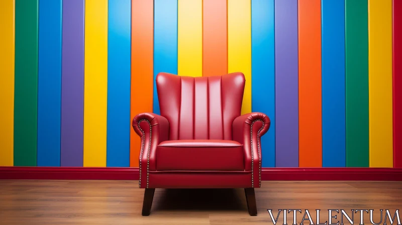 AI ART Elegant Red Leather Armchair in Colorful Striped Room